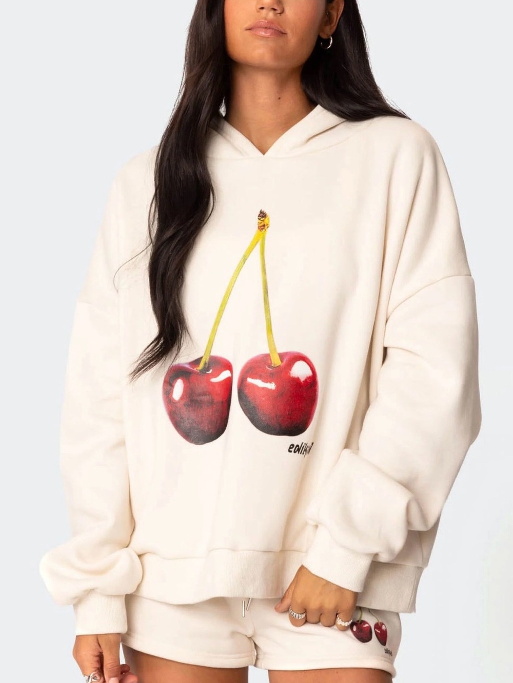 Edikted Cream Hoodie with Red Cherry Graphic